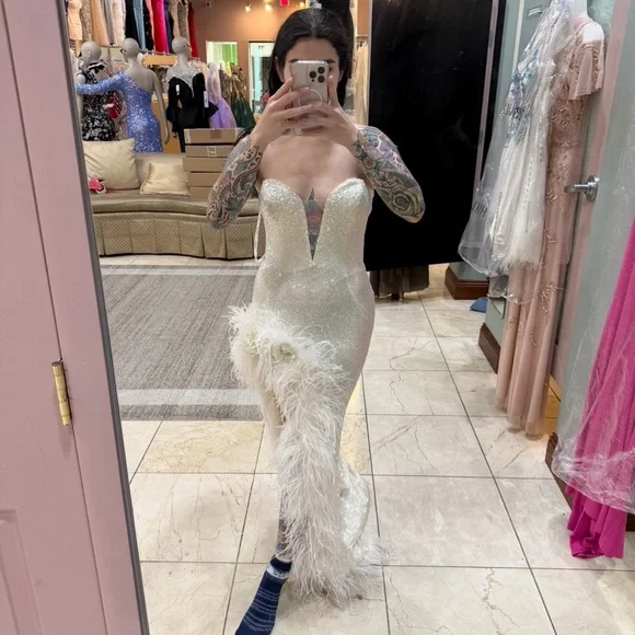 Jovani Cream Sequin Feather Dress Las Vegas wedding or prom or homecoming  Dresses